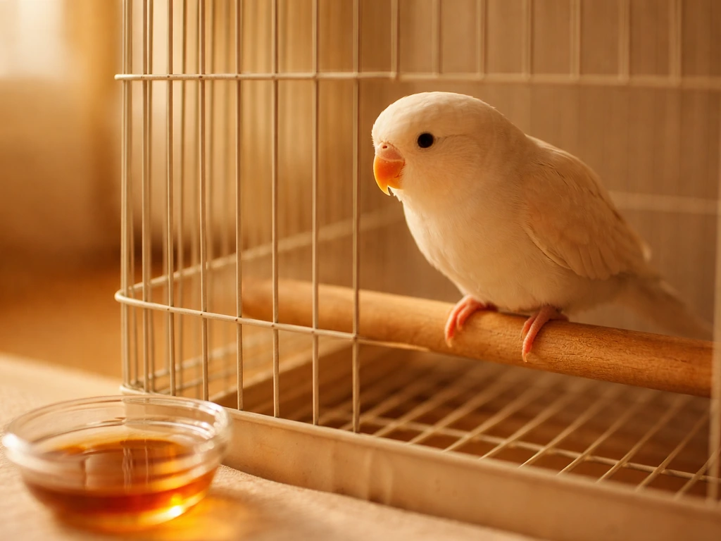 Warm close-up of a pet bird perched in a cage as an unusual sweet scent is being checked