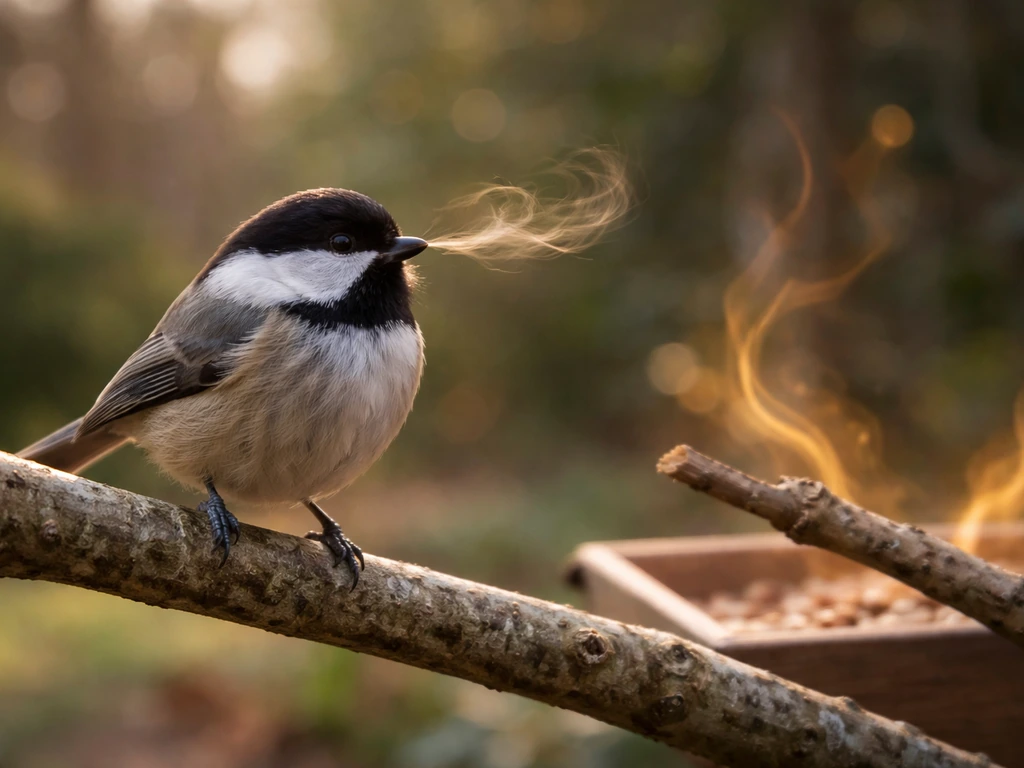 Small bird perched on a branch with subtle amber and breath-like wisps suggesting sweet odor sources.