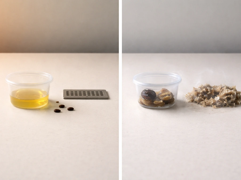 Minimal side-by-side photo showing metabolic-odor cues (vent/grate, droppings) vs fermentation cues (spoiled food, soile