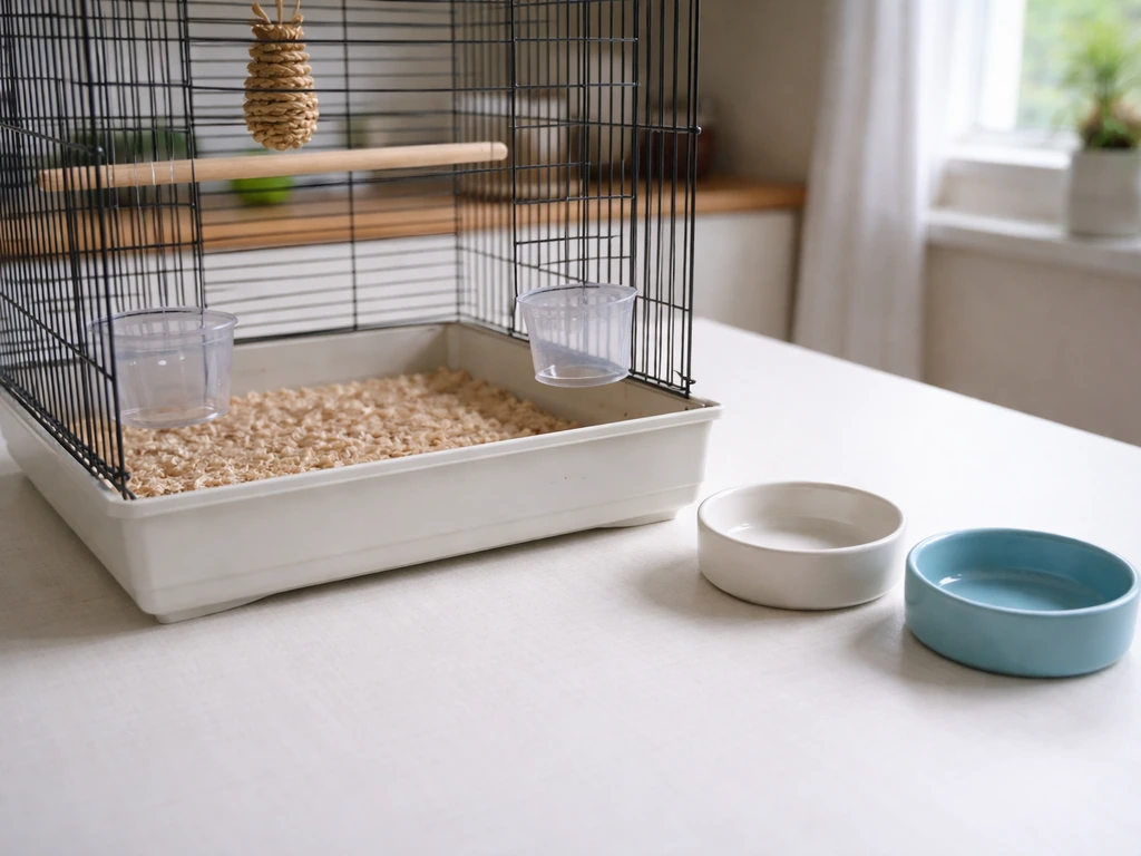 Clean bird cage with fresh liner and empty food/water dishes ready to wash and refill