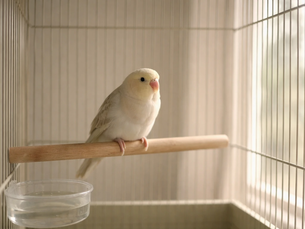 Calm pet bird perched in a simple, uncluttered cage with no nesting materials, in natural light.