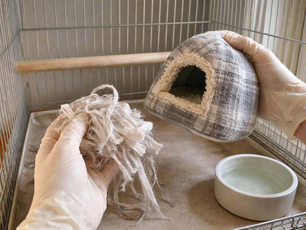 Gloved hands removing shredded fabric nesting strips and a small hut-like item from a bird cage.