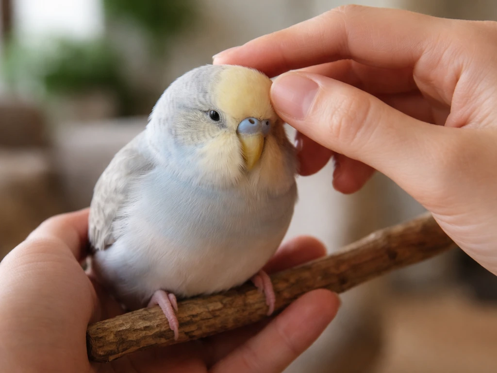 Two hands gently pet a calm bird’s head and neck only, avoiding belly and under-wing contact.