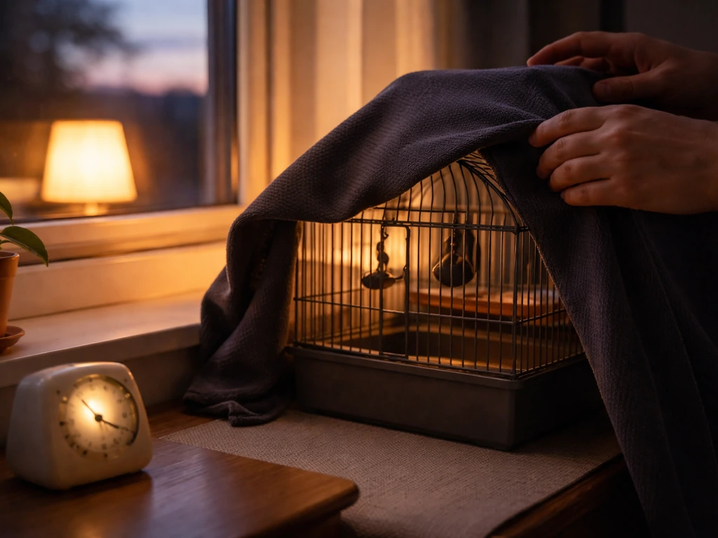 Pet birdcage being covered at dusk with a breathable cloth and a timer nearby for consistent sleep.