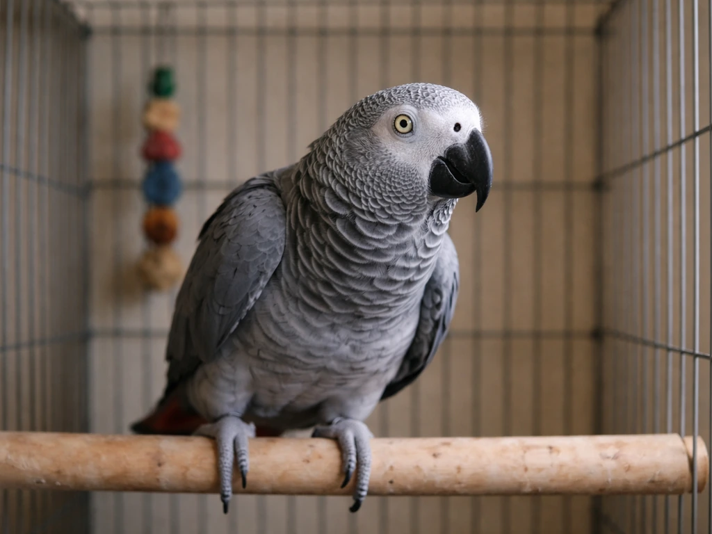 Companion parrot in an undersimulated cage, tense feathers near a startling loud-sound moment