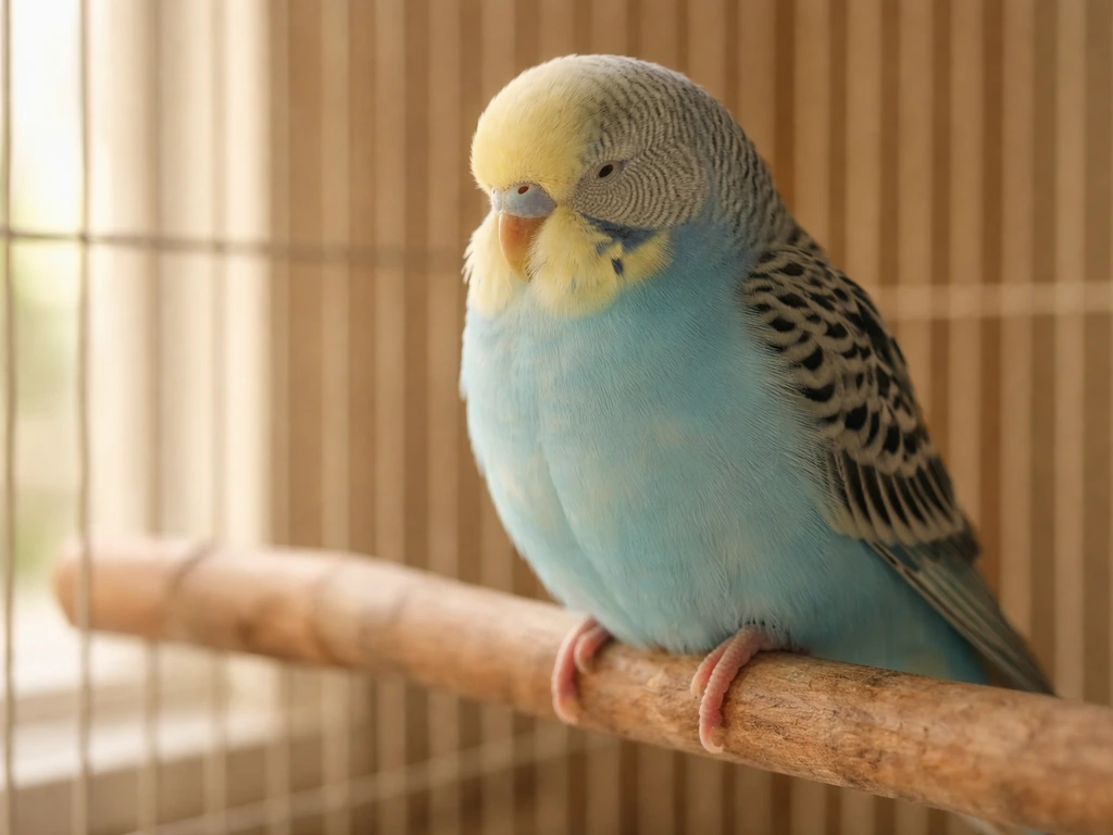 A small pet bird calmly resting in its cage, showing relaxed posture and gentle breathing.