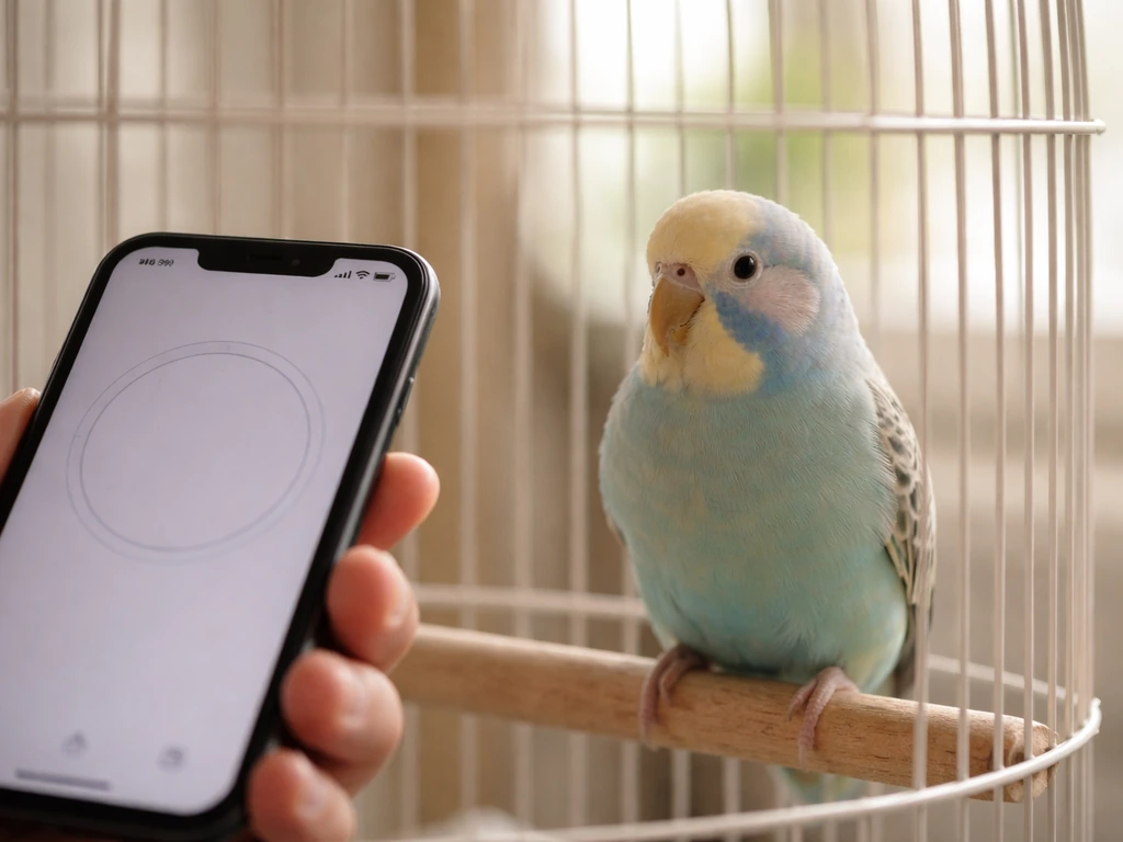 Calm small pet bird perched in a cage while timing breaths with a phone stopwatch.