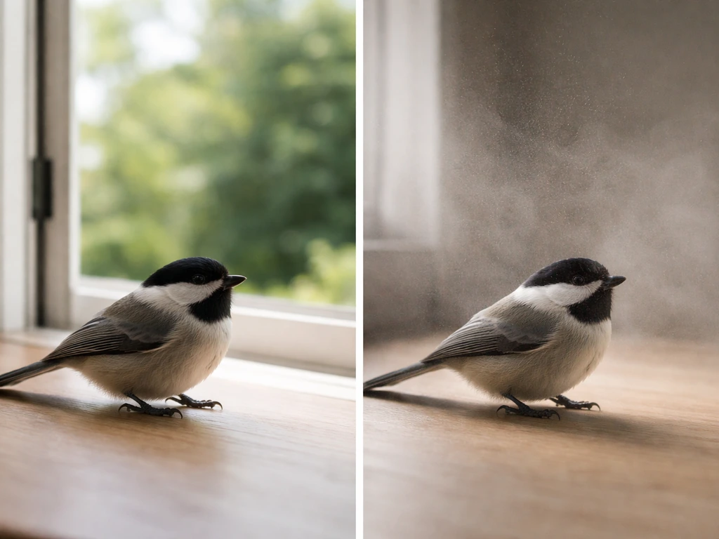 Small bird near a faint dust/aerosol cloud compared with calm fresh air, implying fast breathing trigger.