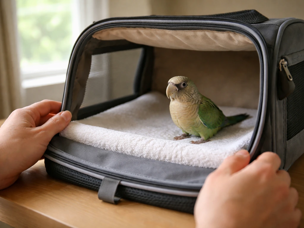Adult hands observing a small pet bird at home from a short distance, showing breathing and tail movement.