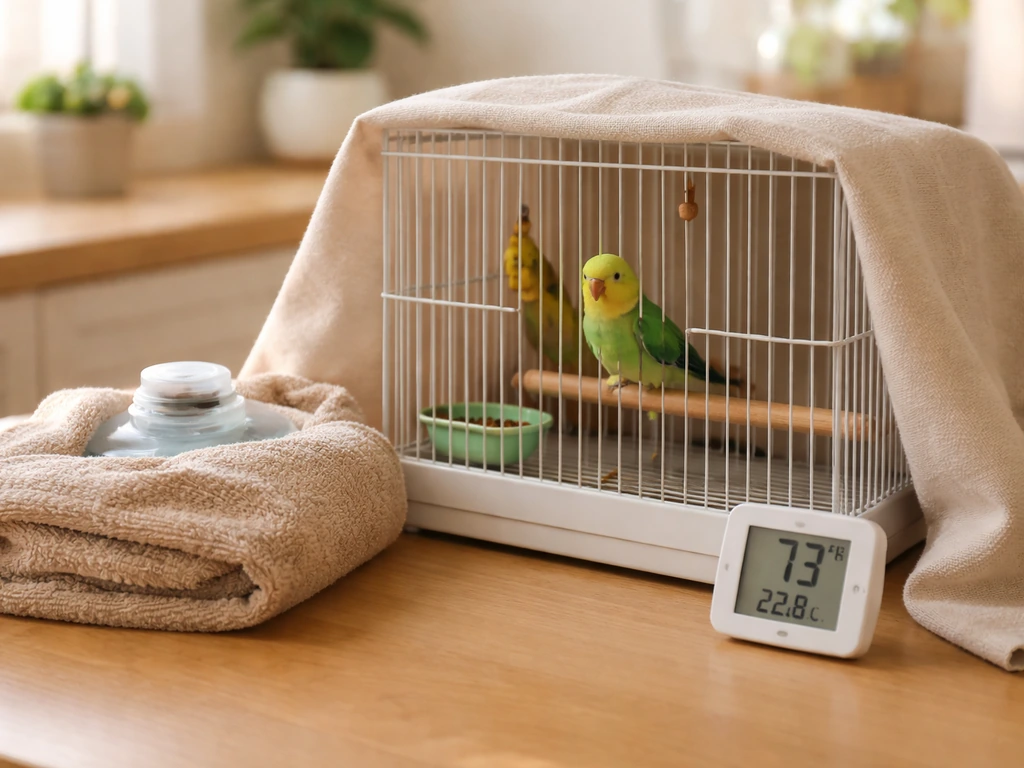 Pet bird in a cage beside a towel-wrapped warm water bottle and small thermometer for gentle warmth.
