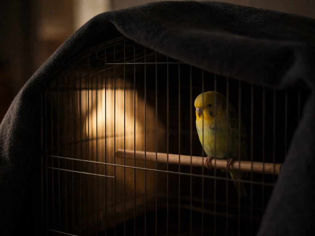 Calm pet bird resting in a partially covered cage in dim light, conveying gentle environmental relief.