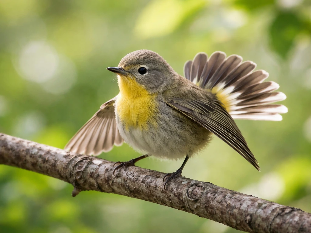 A small bird on a branch strutting and fanning wings with tail spread in a side view display