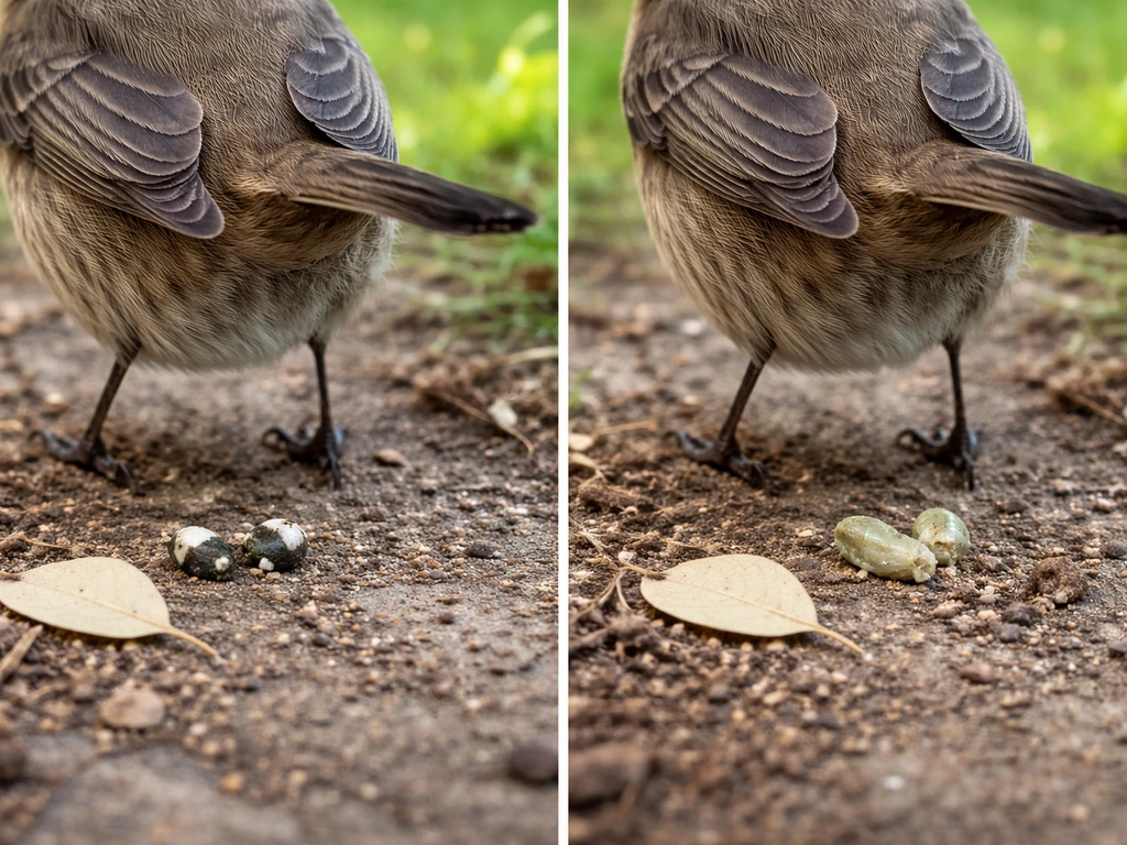 Close-up of a bird’s abdomen with two non-graphic droppings areas showing typical vs egg-laying period changes.