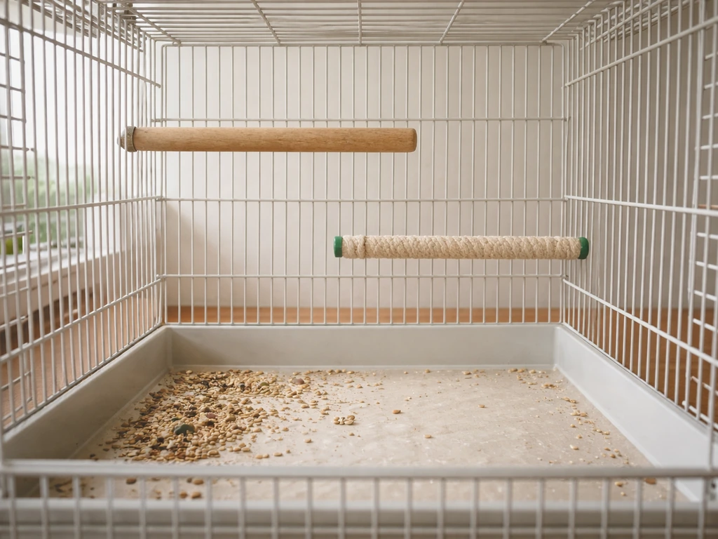 Open bird cage interior with hidden nesting shelters removed, showing basic perches and tray under natural light.