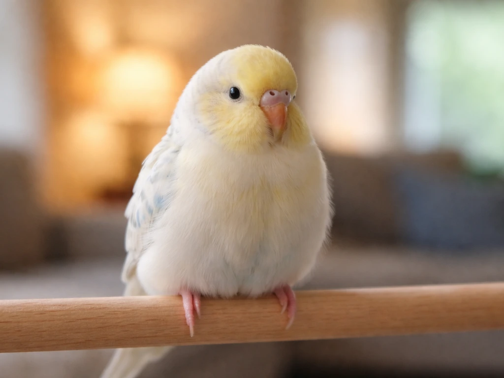 Small pet bird perched calmly indoors with subtle chest movement suggesting hiccups