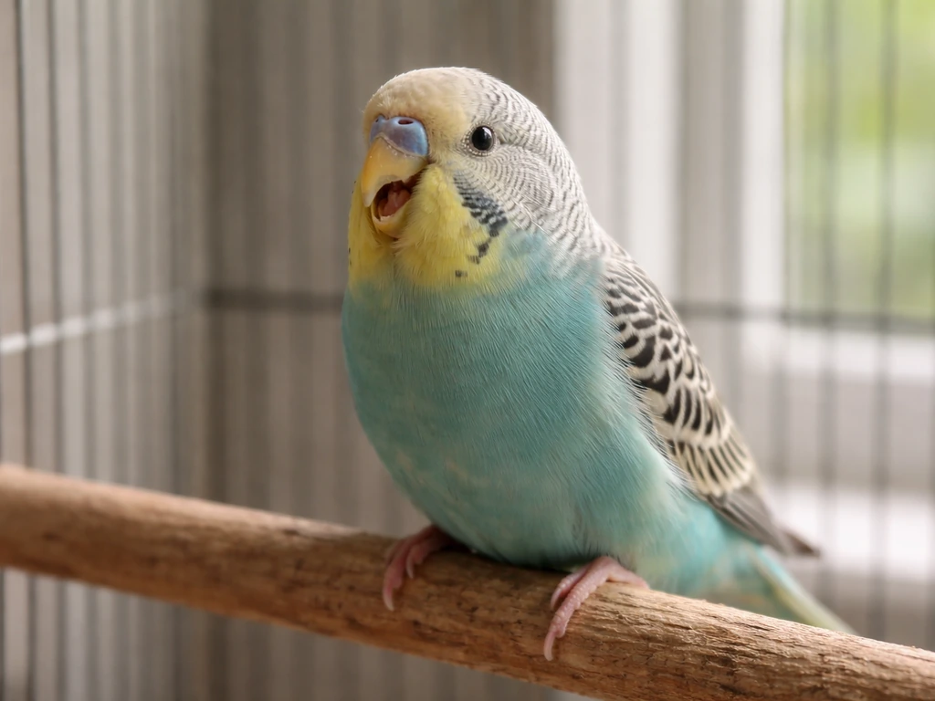 Close-up of a small pet bird with its beak slightly open and visible breathing effort