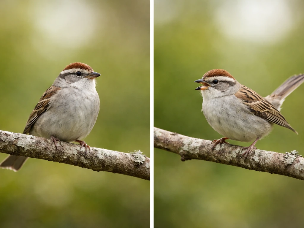 Two small birds on a branch, one calm and one slightly agitated with beak open and tail bobbing.