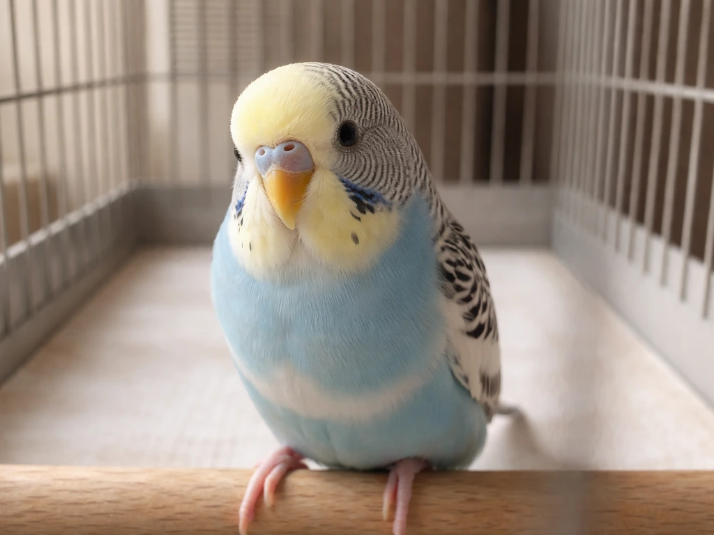 Pet bird perched in its cage with a mostly clean liner suggesting reduced droppings.