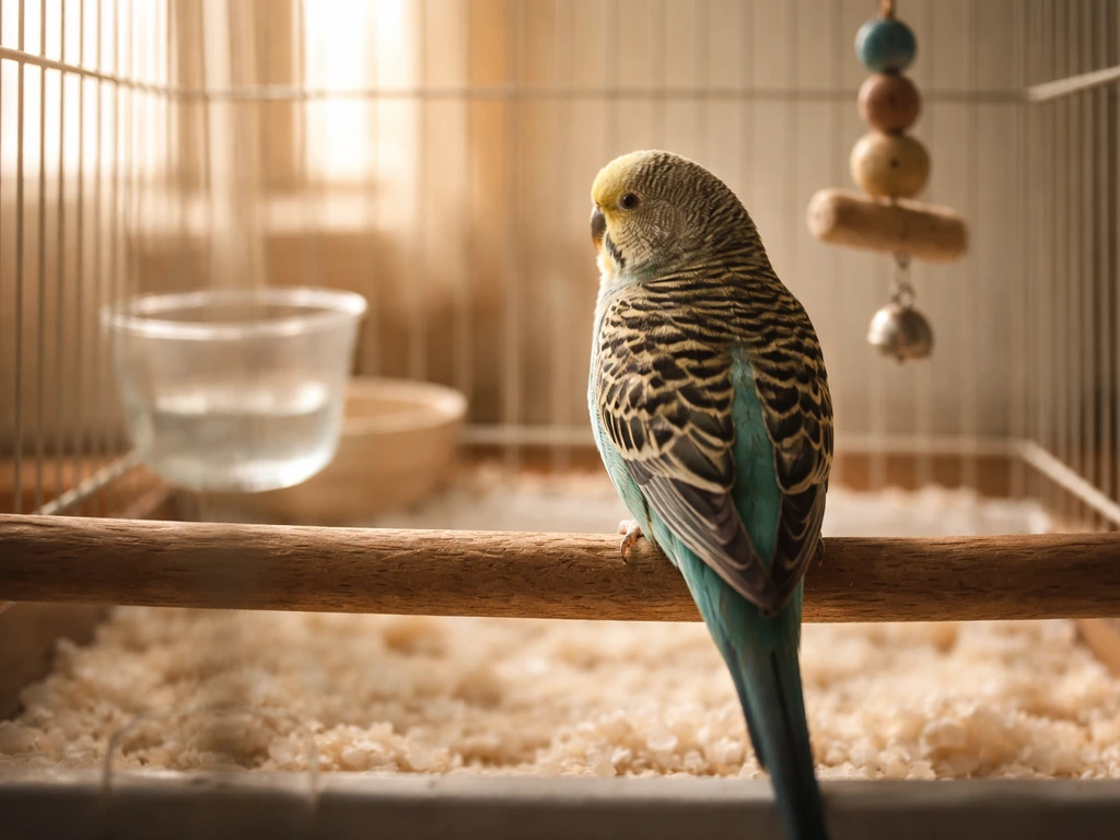 Small pet bird perched in its cage with its back facing the viewer indoors.