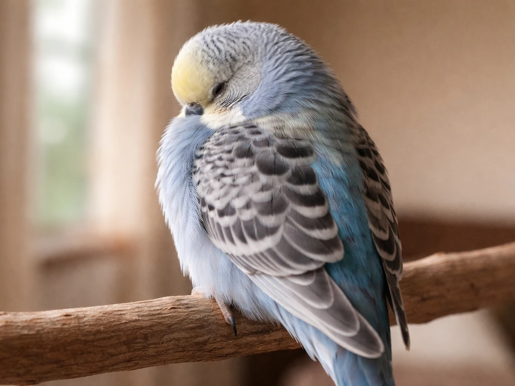A budgie dozing on a perch with its head tucked and back turned, asleep in soft natural light.
