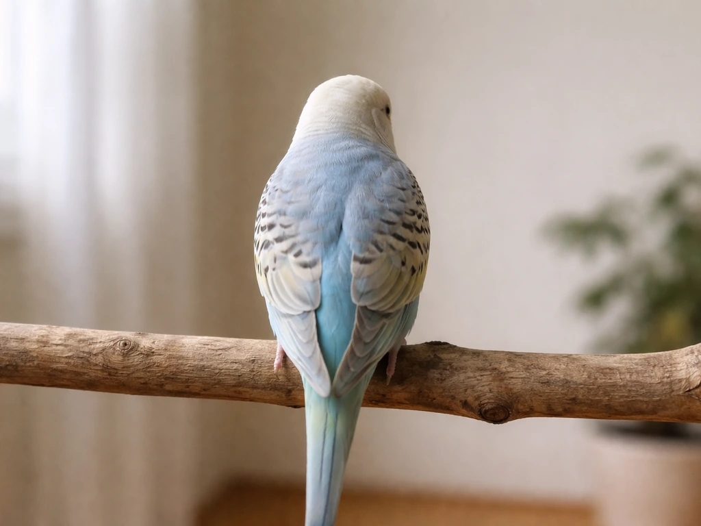 A calm bird with smooth, flat feathers facing away, body language relaxed and healthy