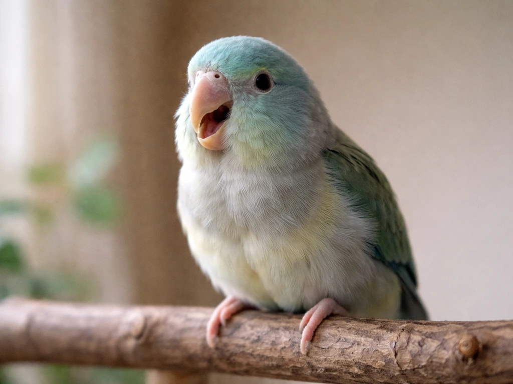 Small pet bird in a quiet room, mouth slightly open with visible breathing distress posture at rest