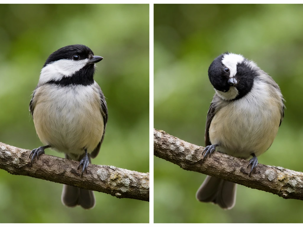 Side-by-side photos of a bird: normal head turn vs an awkward, straining neck twist.