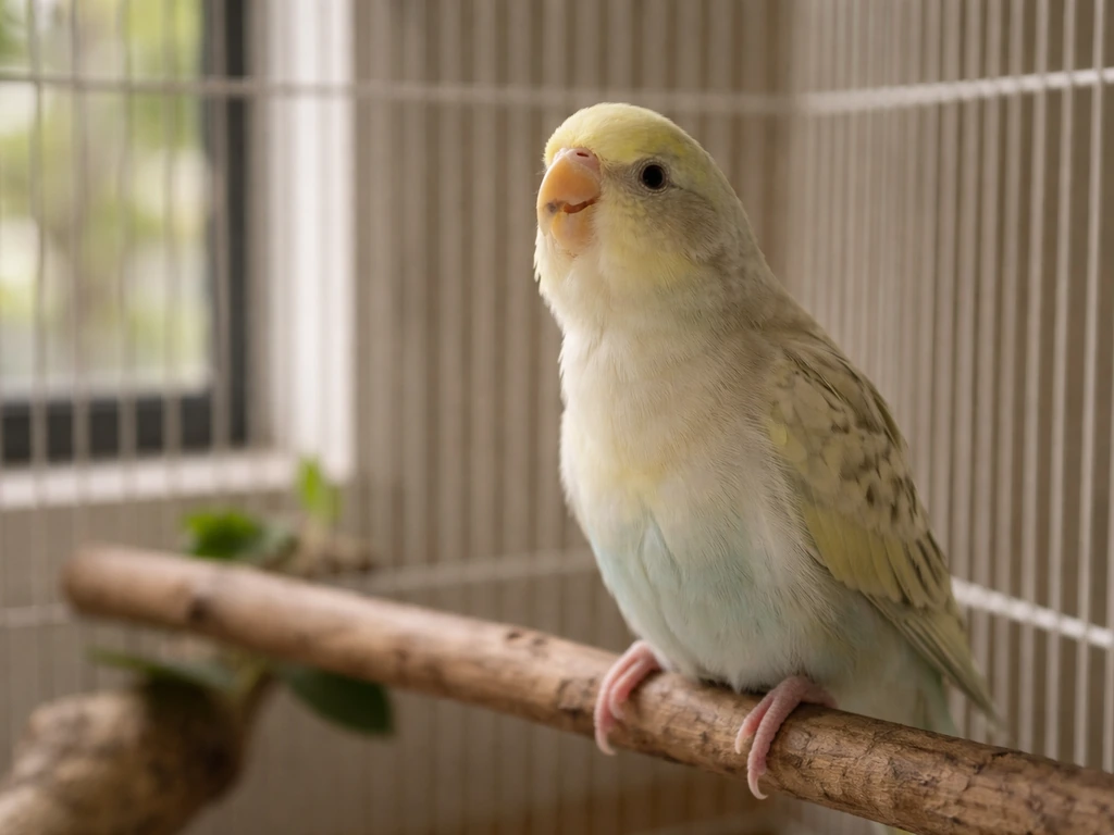 Small pet bird in a simple cage showing neck extension and mild breathing discomfort cues.