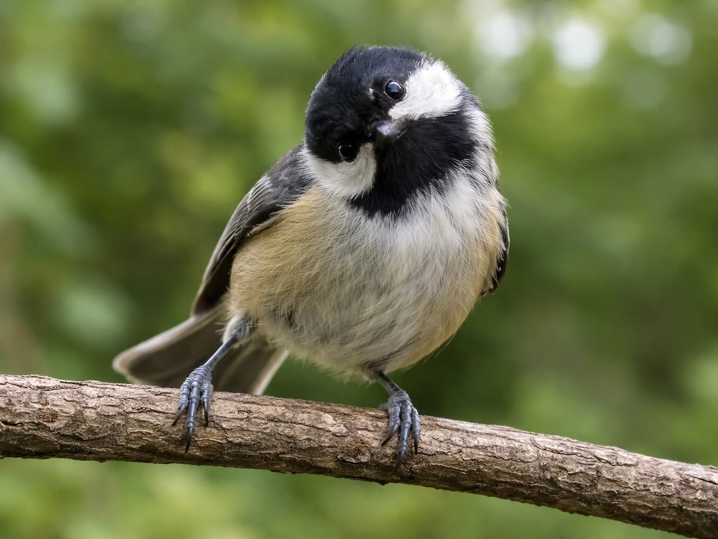 Small bird on a wooden branch with an unsteady stance and tilted head, suggesting balance trouble.