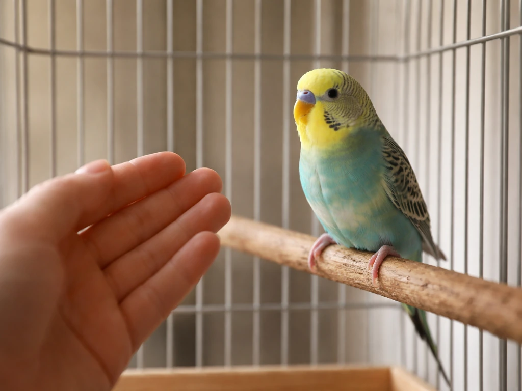 Small pet bird in its cage calmly watching a low, motionless hand outside the bars.
