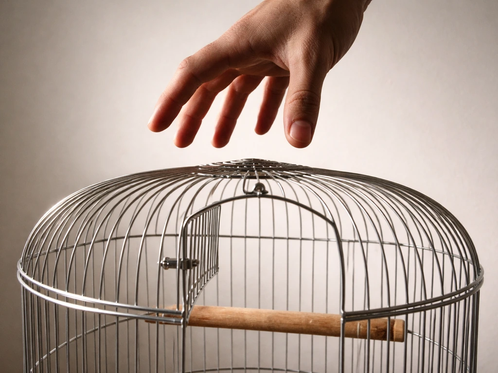 A human hand looms over an open birdcage doorway, suggesting danger from above toward the entrance.