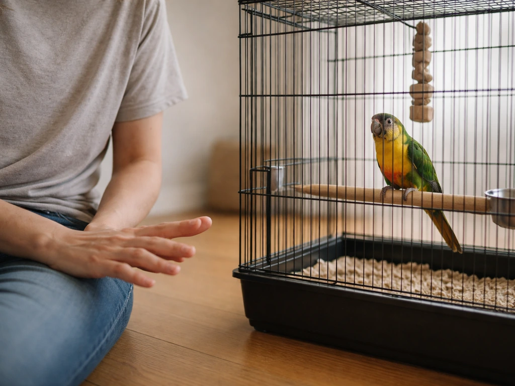 Person sitting calmly beside a bird cage with hands low and still as the bird stays calm