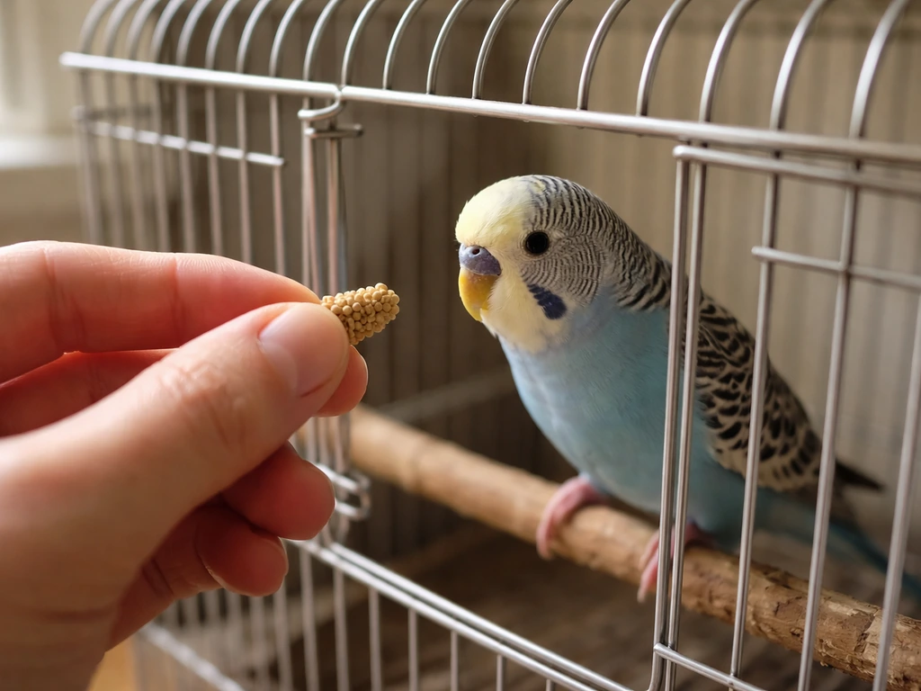 Hands hold a treat just outside bird cage bars while a small bird looks toward it calmly.