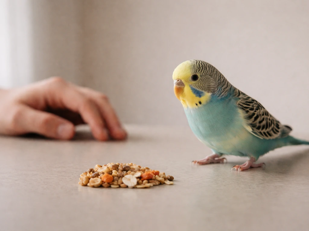 Small pet bird near a flat surface with a treat, hand held farther back and out of reach