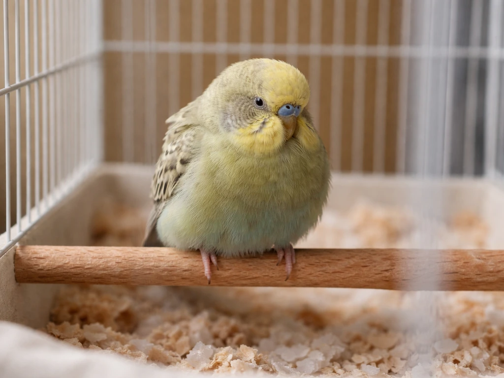 Fluffed, hunched pet bird sitting in its cage with subdued, lethargic posture.