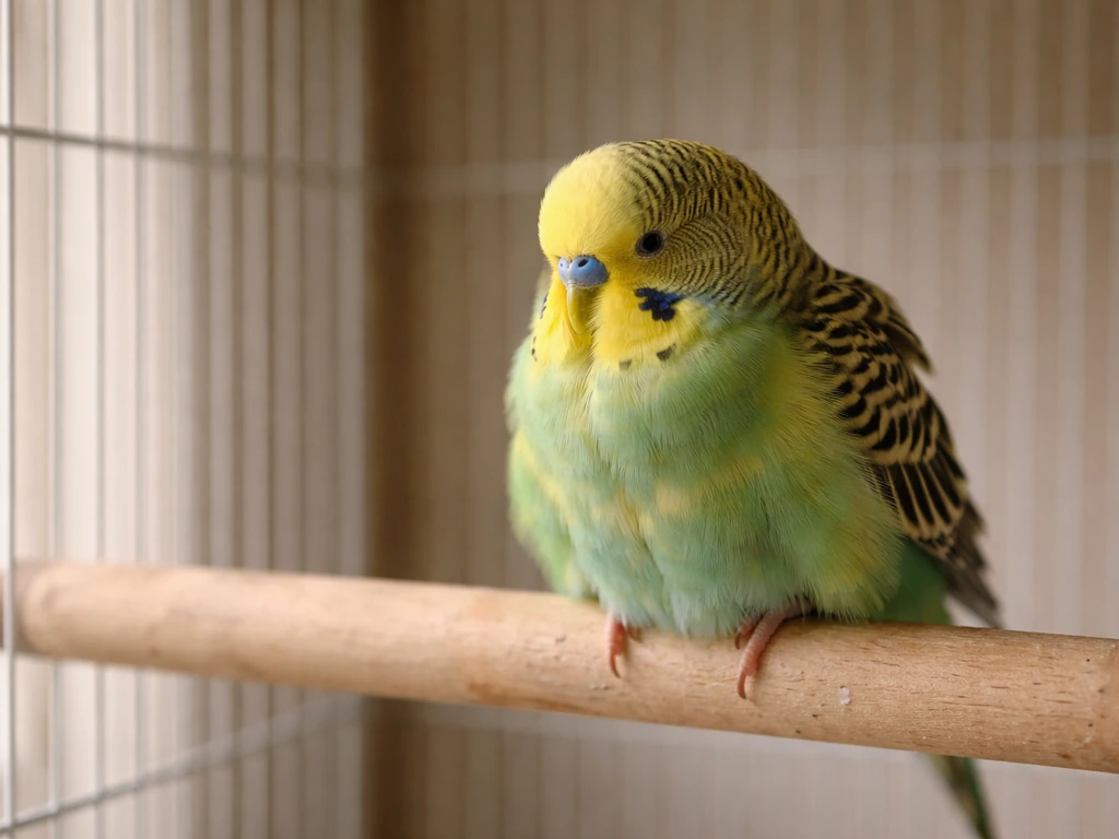 Small pet bird fluffed and hunched on a perch, showing signs of lethargy.