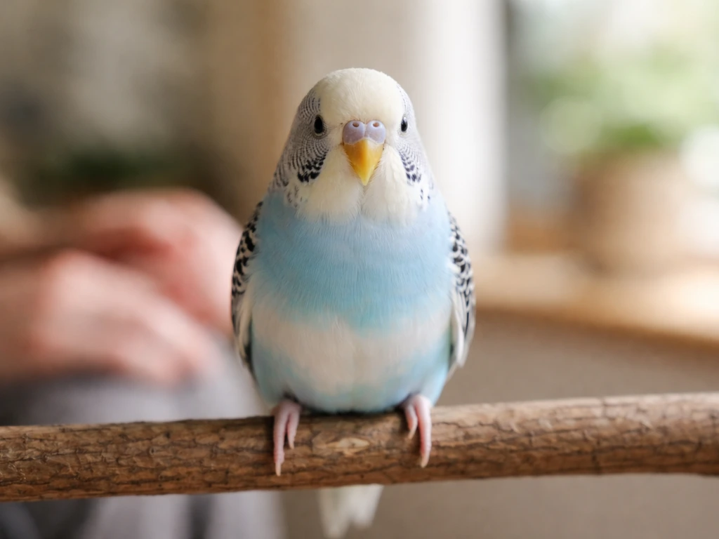 Caregiver quietly watches a small pet bird’s chest and nostrils as it breathes calmly.