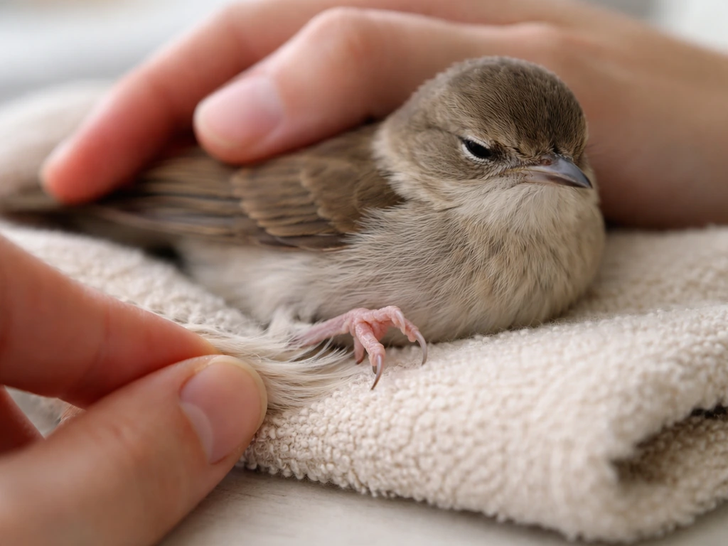Gloved hands gently pinch the skin at a calm bird’s foot to show quick snap-back hydration test.