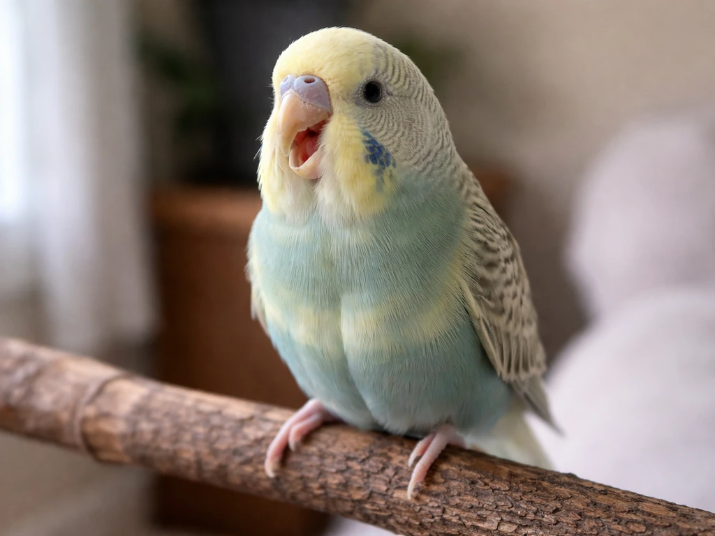 Close-up of a small pet bird on a perch, open-mouth breathing and subtle tail bobbing.