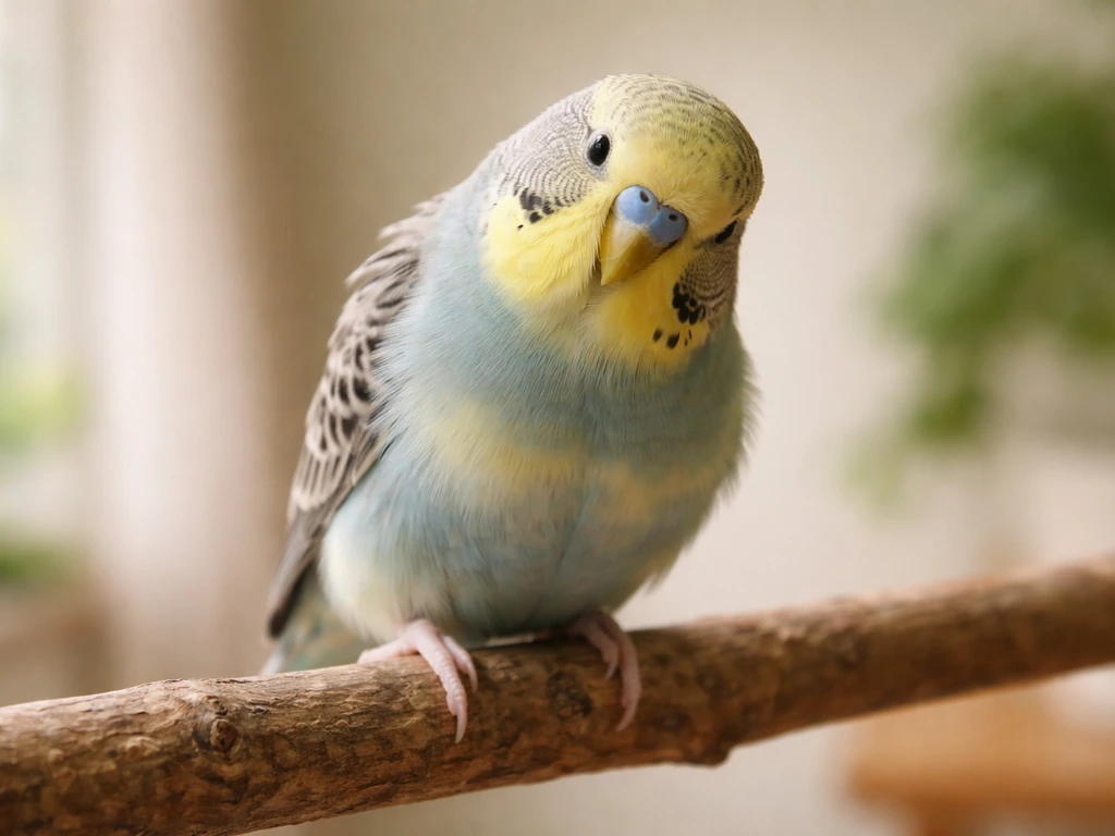 Single small pet bird perched calmly, looking slightly alert but mildly out of routine health-wise.