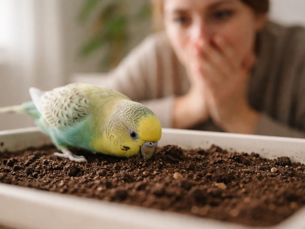 Small pet bird perched by loose soil as its owner looks worried in the background.