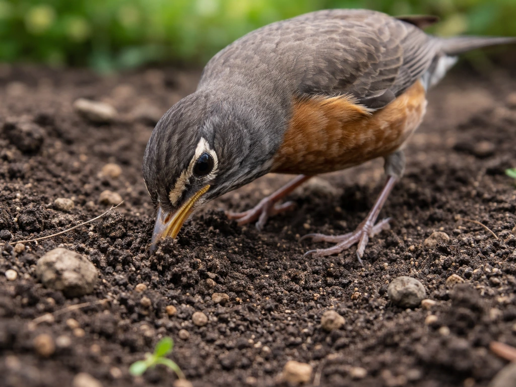 A small bird pecking at loose soil in a quiet garden bed, suggesting pica-like behavior.