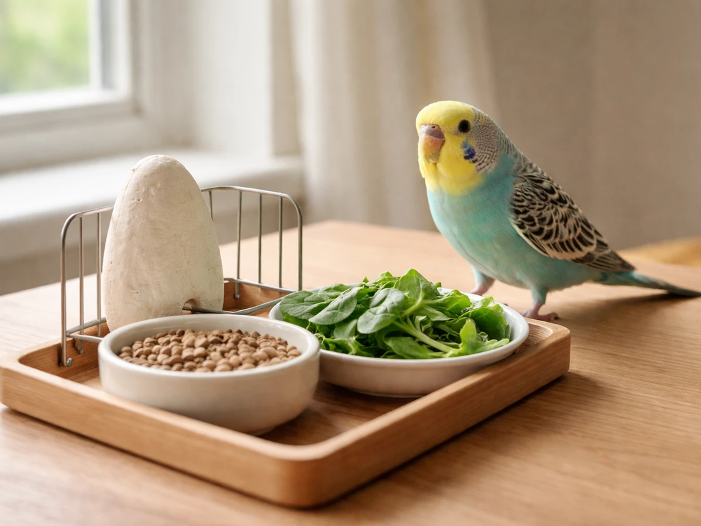 Small pet bird perched beside pellet bowl, fresh greens, and a cuttlebone on a wood tabletop.