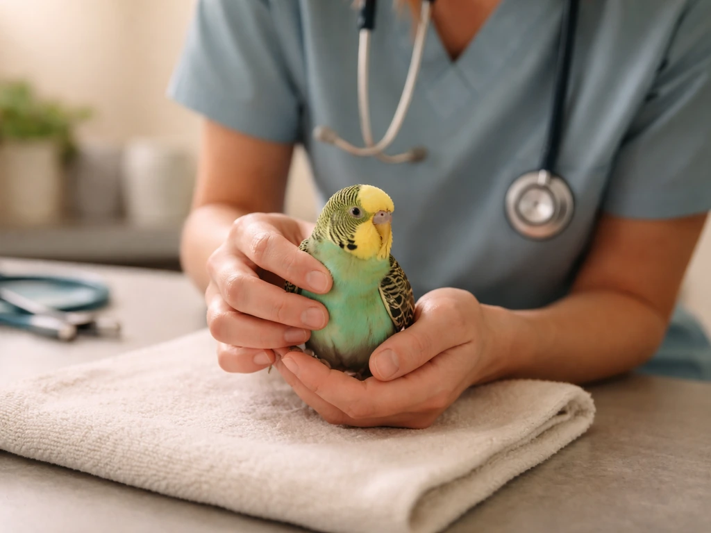 Vet gently examines a small pet bird during a calm wellness check in an exam room.