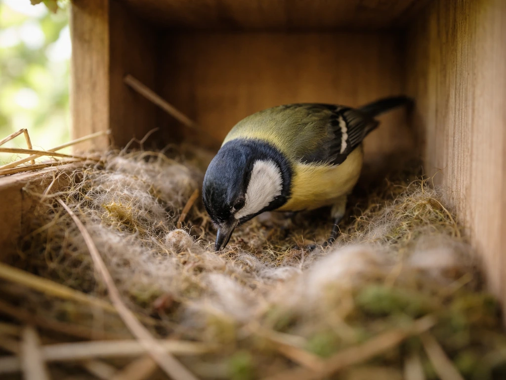 Small bird pecking and foraging inside a wooden nest box with nesting material.