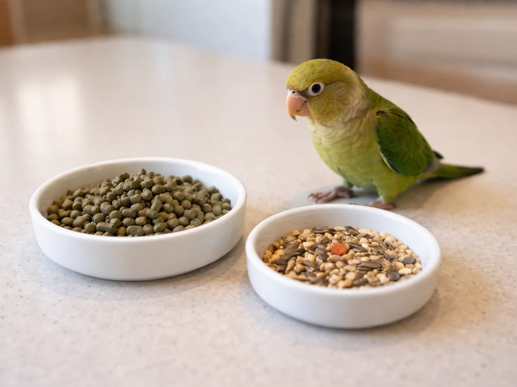 Small parrot near two dishes, with pellets offered and seeds kept in a smaller cup