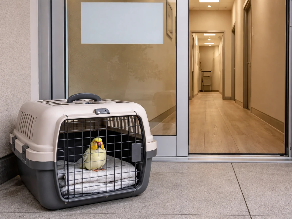 A small bird in a carrier near an avian vet clinic entrance, signaling urgency and prompt care.