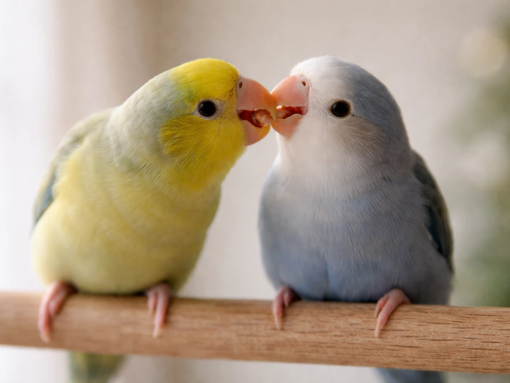 Two small pet birds perched close together, one offering food beak-to-beak in natural light.