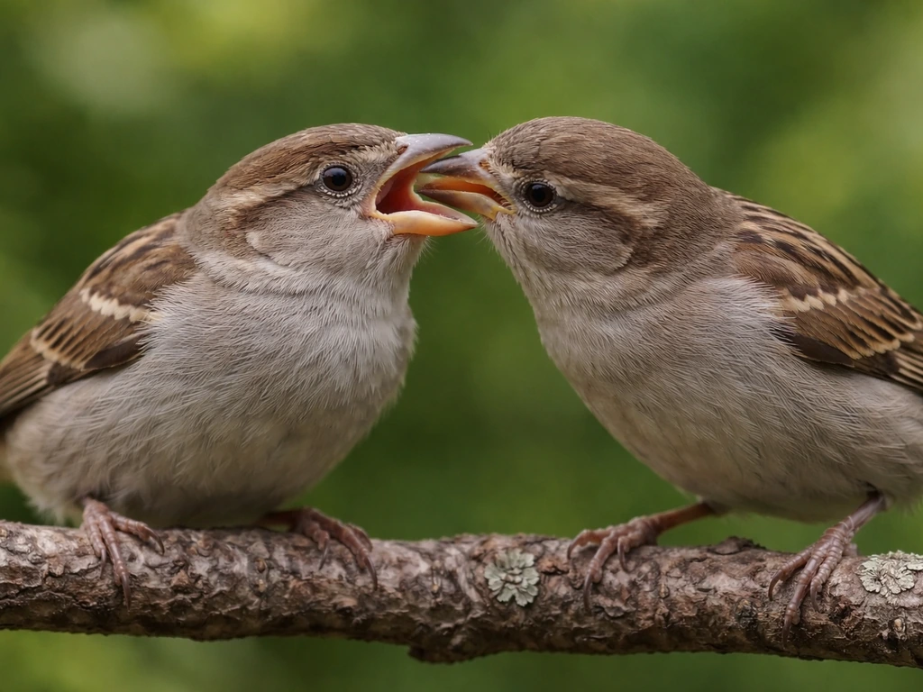 Two small birds on a branch—one regurgitating into the other’s open beak.
