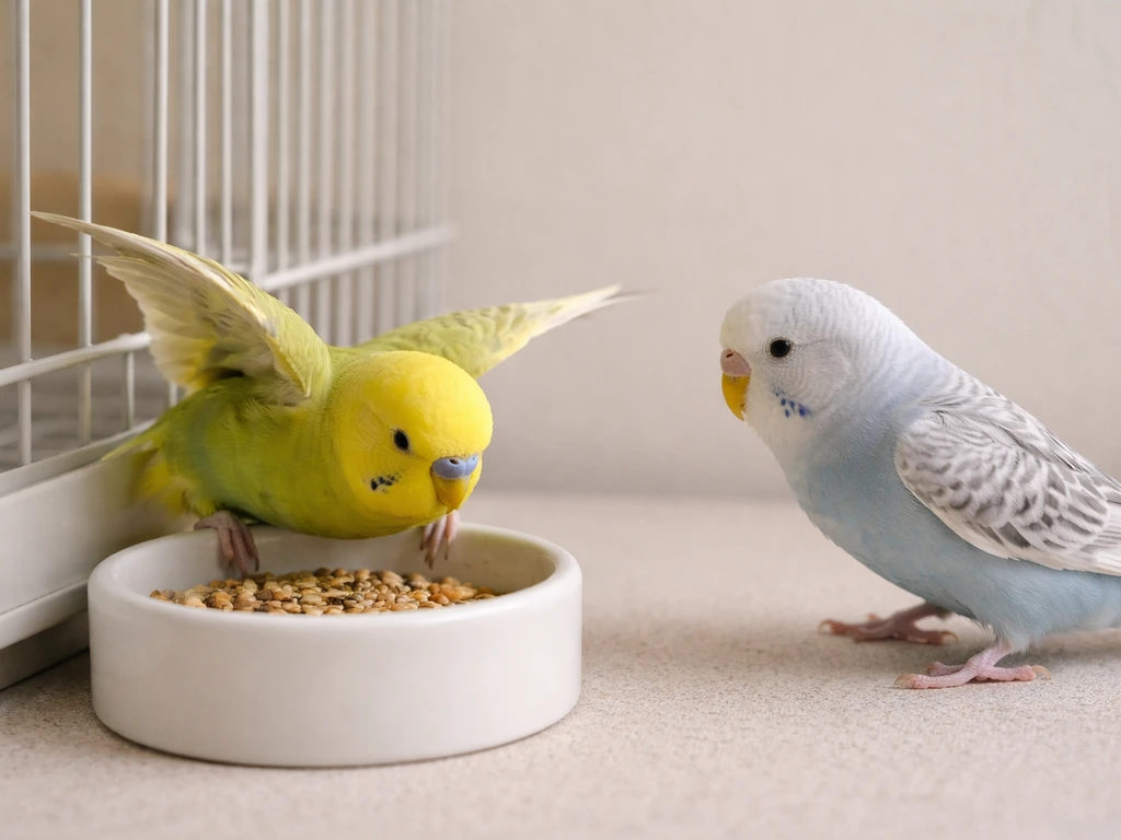 Two small birds at a feeding dish, one blocking while the other looks tense and avoids.